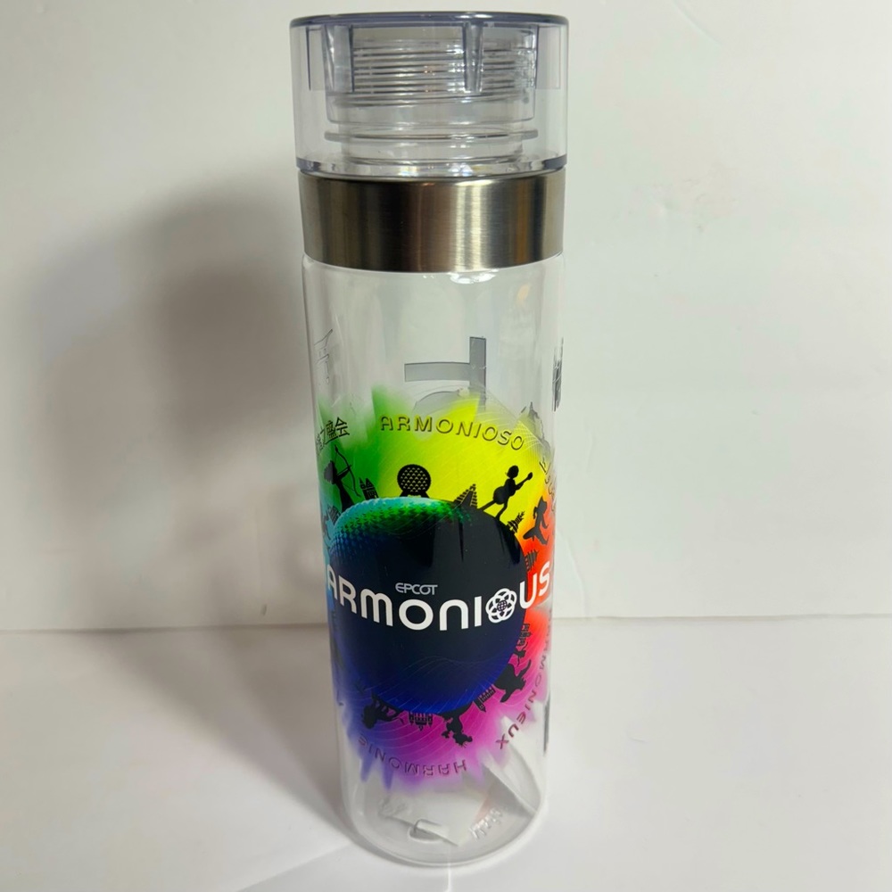 NWT. Epcot Harmonious Plastic Water Bottle Disney Approx. 9.5”H top twists